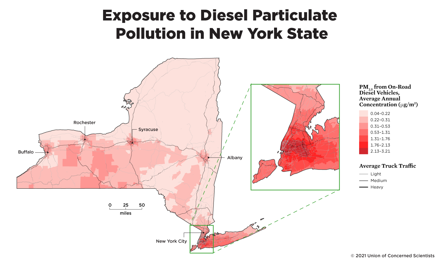 map of NY state showing exposure to diesel particulate pollution