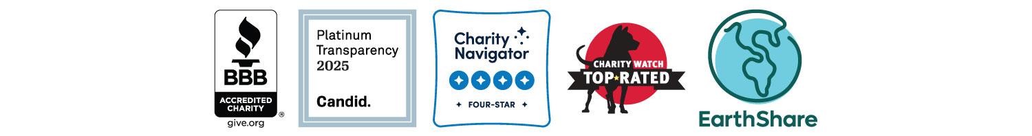 Charity Navigator, Charity Watch, BBB, EarthShare, and Candid seals of approval