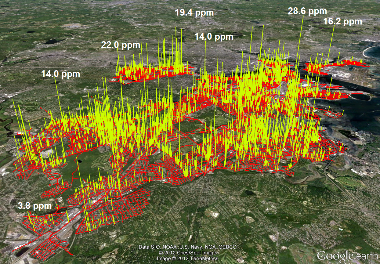 A map showing methane leaks in Boston. 