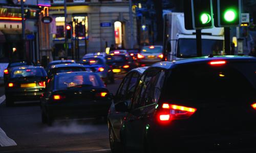 Cars stuck in traffic at night