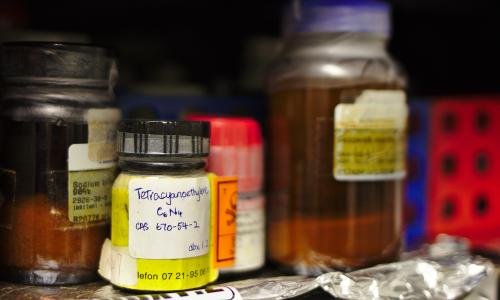 Bottles of chemicals on a shelf