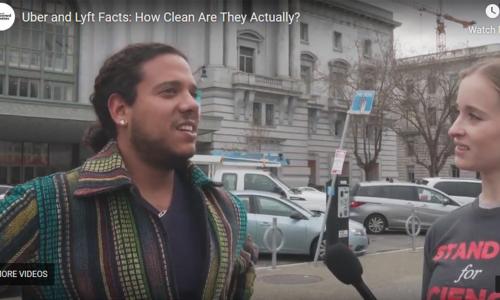 Video still of man being interviewed in San Francisco on ride-hailing services