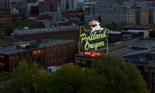 An aerial view of a sign that reads "Portland Oregon."